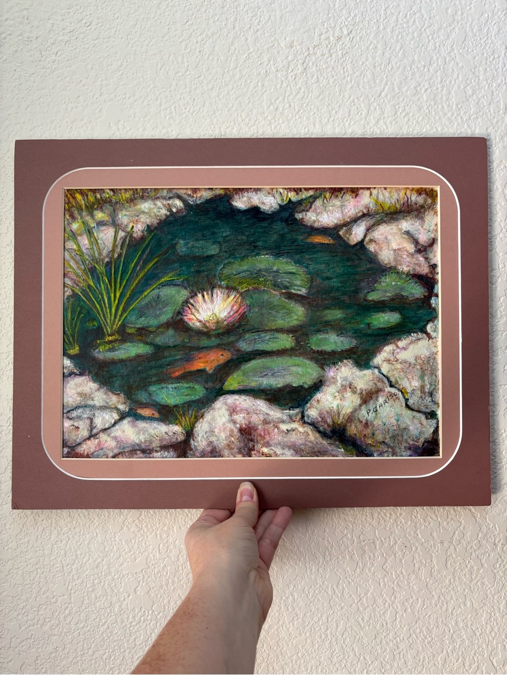 Hand-Painted Pond Waterlily Art Print in Green and Brown